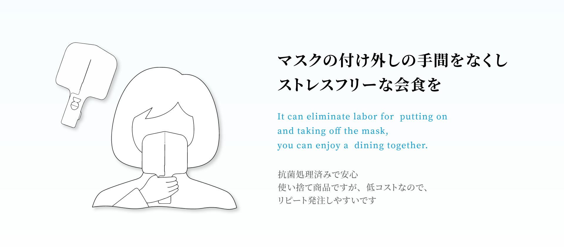 飲食マスク | マスクの付け外しの手間をなくしストレスフリーな会食を | 抗菌処理済で安心。使い捨て商品ですが、低コストなのでリピート発注しやすいです。| It can eliminate labor for putting on and taking off the mask, you can enjoy a dining together.